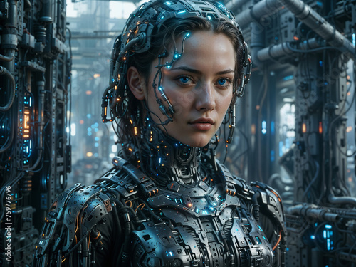  Young female cyborg with blue-eyed, intricately detailed with wires within her head, set against a futuristic mechanisms.