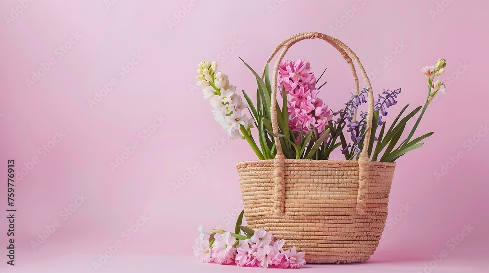 Generative AI : Beautiful straw bag with seasonal flowers of hyacinth and carnation blossom Generative AI : Beautiful straw bag with seasonal flowers of hyacinth and carnation blossom