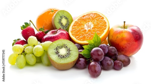 Generative AI : Pile of various types of fresh organic fruits isolated on white background. 