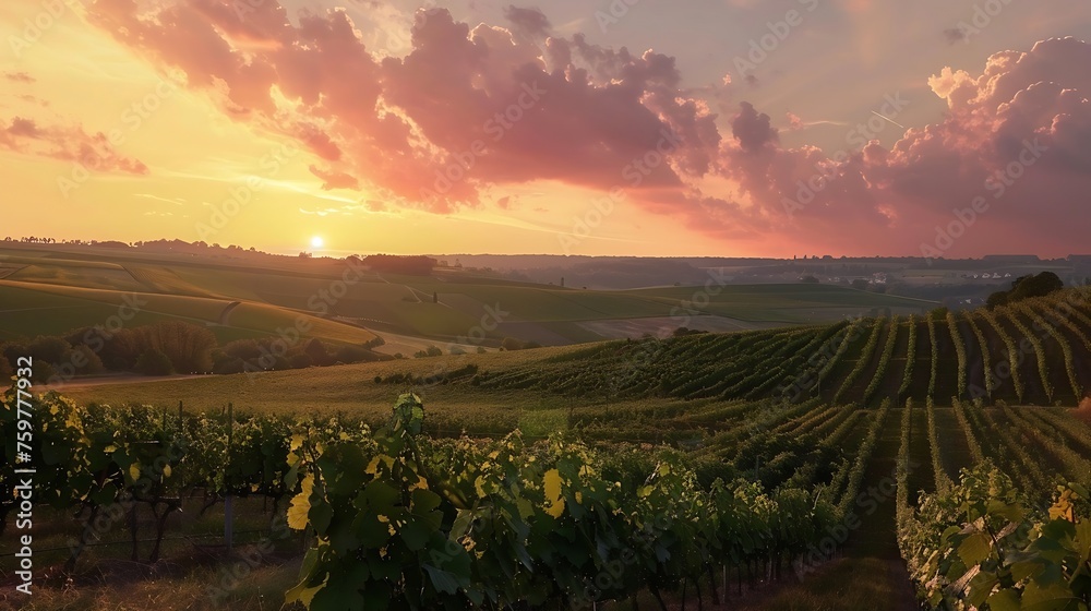 Generative AI : Panorama of vineyards on the sunset