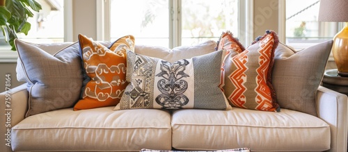 Decorative pillows on a couch in a living space.