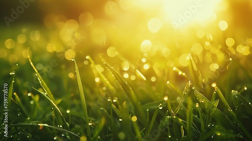 Generative AI : Water drop on grass and sunshine morning. Drops of water on the grass,