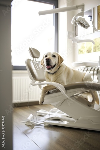 A golden retriever is sitting in a dental chair in a dentist's office.