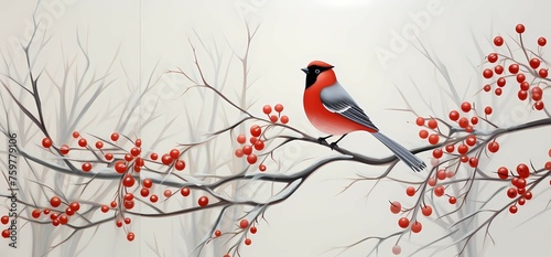 red cardinal on branch. Illustration of bird sitting on branch with red berries in snow. Whistler, waxwing on a ashberry, hawthorn berries, rowan tree branch in cold frost. Life of wild bird in winter