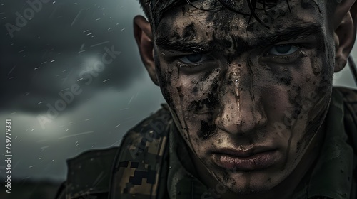 The soldier's look after the battle is filled not only with fatigue and pain, but also with determination and pride, which is reflected in every drop of dirt on his face 