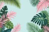 Tropical palm leaves and branches on a blue background, horizontal composition