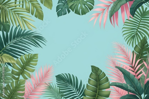 Tropical palm leaves and branches on a blue background, horizontal composition