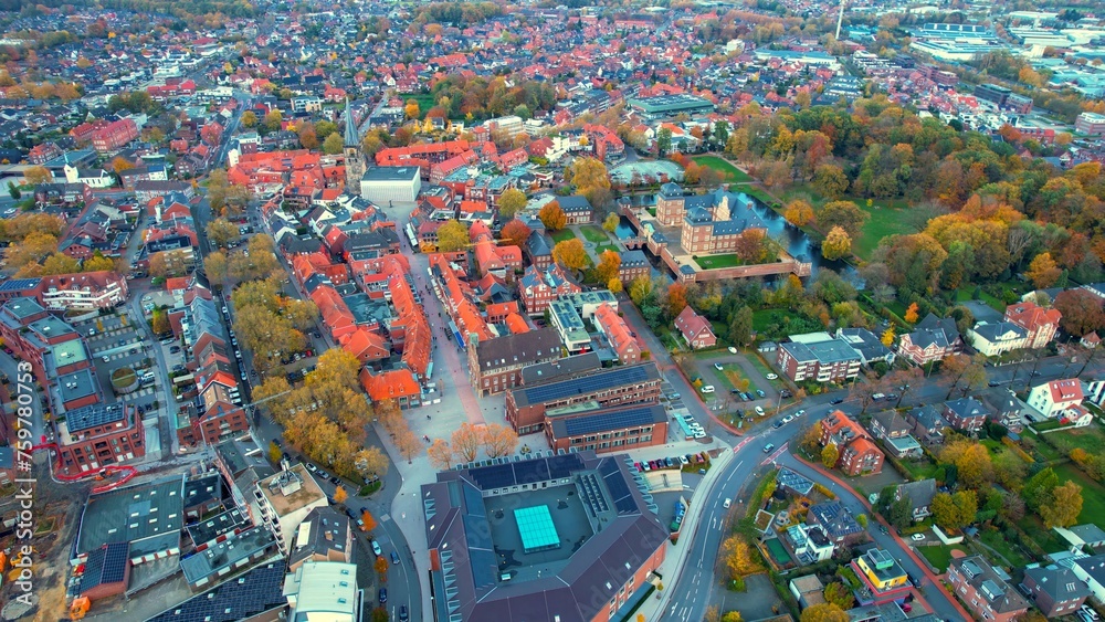 Aerial of the old town around the city Ahaus in Germany on a cloudy noon in fall