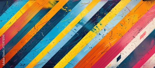 Abstract geometric artwork with vibrant colors and horizontal lines pattern.