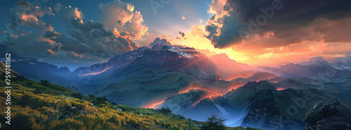 A serene mountain landscape at dusk, with a mysterious glowing aura surrounding it, 3D render