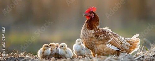 A mother chicken and her three chicks are standing in a field