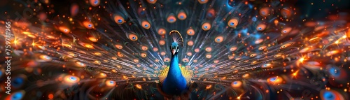 A colorful peacock with its head held high and its tail spread out photo
