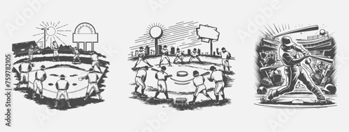 Vintage baseball game vector illustration set, classic charm on the field. Generative AI.