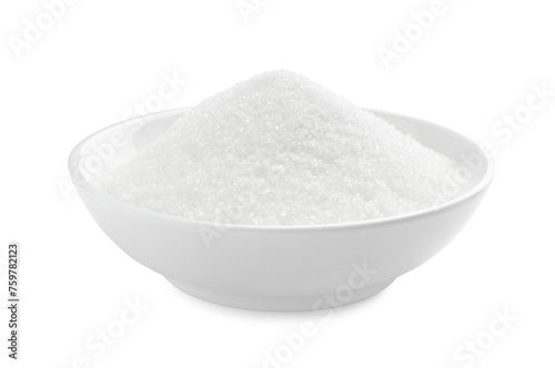Granulated sugar in bowl isolated on white