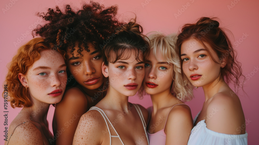 Fototapeta premium Diverse Female Faces Side by Side Against a Pink Background
