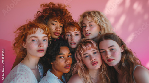 Diverse Female Faces Side by Side Against a Pink Background