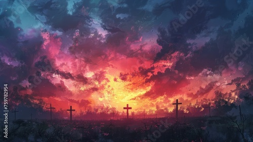 Sunrise Easter service, with pastel skies and silhouettes of crosses, a serene awakening © komgritch