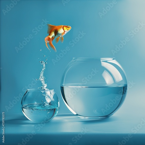Goldfish jumping in a bigger bowl - aspiration and achievement concept.