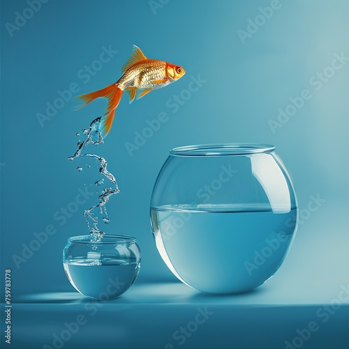 Goldfish jumping in a bigger bowl - aspiration and achievement concept.