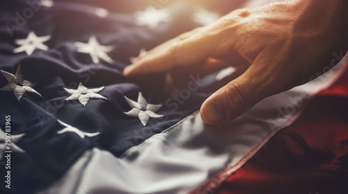 A hand reaching out to touch a flag, connecting personally with the meaning of Memorial Day, with copy space photo