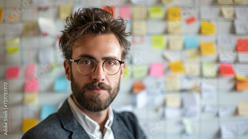 Man in front of wall with sticky notes