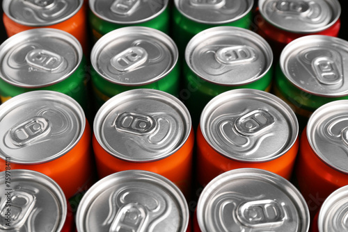 Energy drink in cans, closeup. Functional beverage