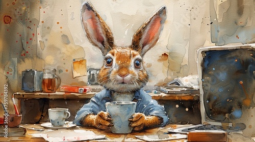 In the whimsical world of a watercolor cartoon a bunny takes a coffee break at the office photo