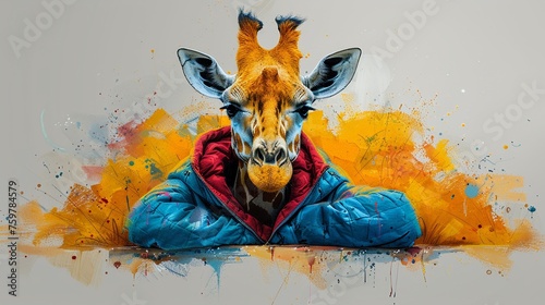 In a whimsical depiction inspired by Korea watercolor style a giraffe sulks in its pajamas photo