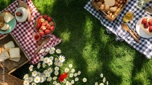 A DIY Memorial Day picnic setting in the backyard with handmade decorations and a spread of picnic foods, Memorial Day, with copy space photo