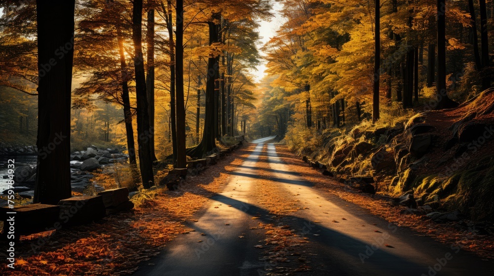 Obraz premium Autumn road in yellow leaves in a bright morning forest. The theme is the change of seasons.