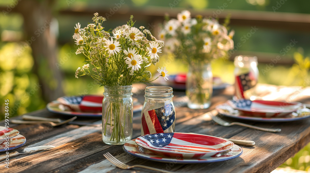 A rustic picnic table set with vintage American flag plates, silverware, and mason jars filled with wildflowers, Memorial Day, with copy space