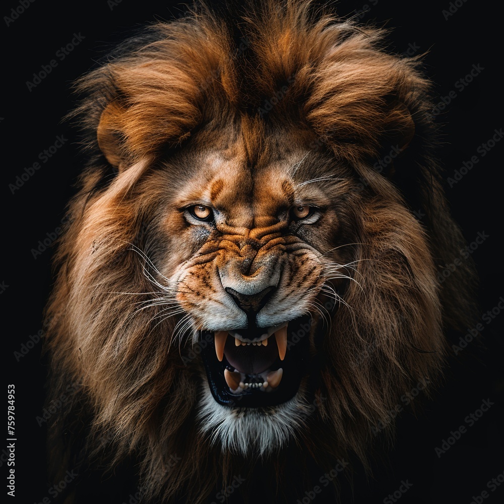 Lion portrait angry fierce looking in camera, king, angry roaring wild animal photography .