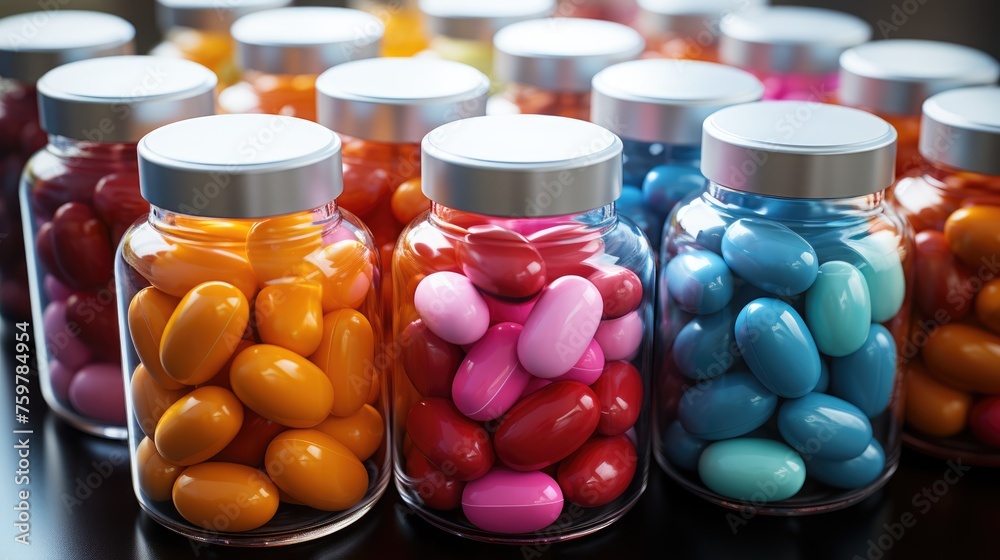 There are multi-colored pills in closed glass bottles on the table. Theme of medicine, treatment of various diseases and healthy lifestyle. - obrazy, fototapety, plakaty 