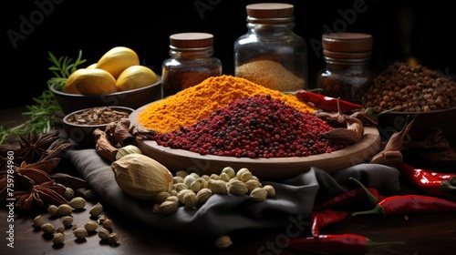 Multi-colored natural seasonings and spices of India. Fragrant land plants and herbs in clay plates on a wooden table. Gastronomic travel theme.