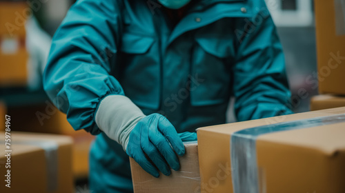 Worker securing a package in a warehouse.