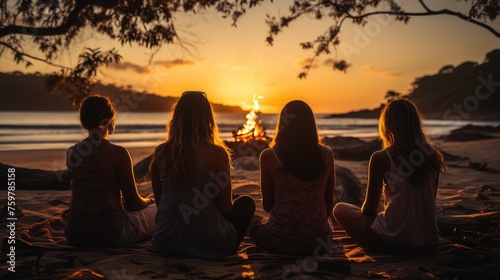 A group of people sit and meditate in the lotus position on a sandy beach against the backdrop of a sunset overlooking the sea.