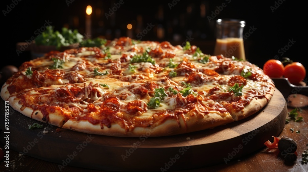 Appetizing tasty pizza on a wooden board on the table.