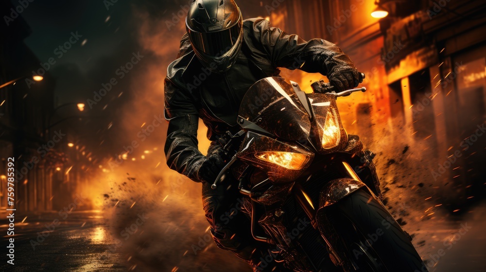 A male motorcyclist in a leather suit and helmet rides quickly on a motorcycle along a deserted street. Dynamic and active extreme scene. A male motorcyclist in a leather suit and helmet rides quickly on a motorcycle along a deserted street. Dynamic and active extreme scene.