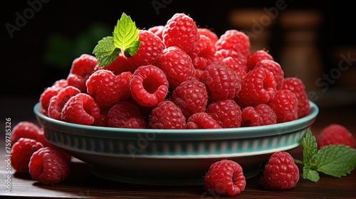 Juicy appetizing red raspberries lie on a plate on a wooden table on a dark background. Ripe fresh healthy berry. The topic of proper nutrition.