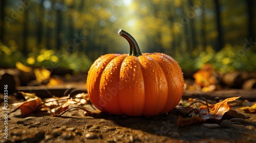 Bright orange ripe pumpkin on the autumn ground.