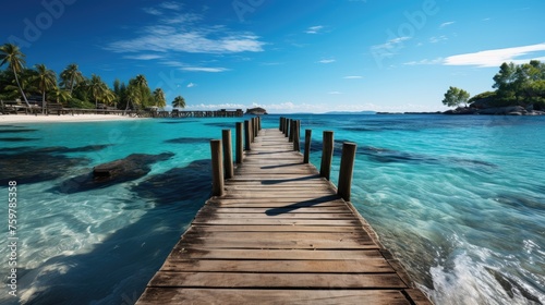 Wooden bridge going into the ocean. Charming tropical island with yellow beach, blue waves and clear water. Theme of travel and recreation.