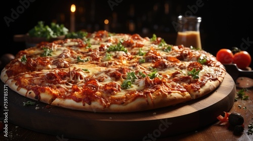 Appetizing tasty pizza on a wooden board on the table.