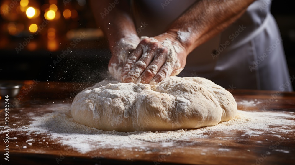 Male hands in flour knead the dough on a wooden table. Culinary theme.