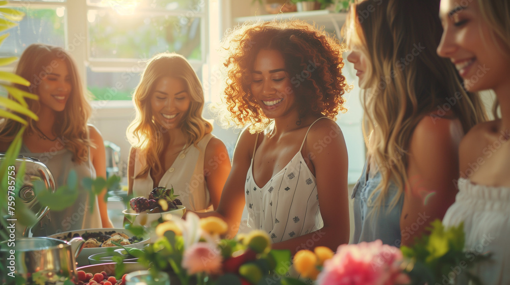 Women Enjoying a Sunny Brunch with Pancakes and Fruit Women Enjoying a Sunny Brunch with Pancakes and Fruit