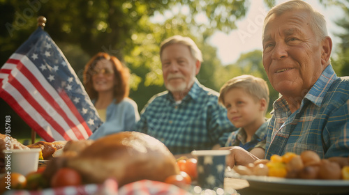 Veterans and their families enjoying a Memorial Day picnic, a scene of community and camaraderie, Memorial Day, with copy space