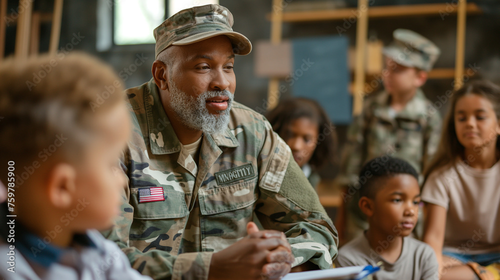 Fototapeta premium A veteran teaching children about the significance of Memorial Day, a moment of education and reflection, with copy space
