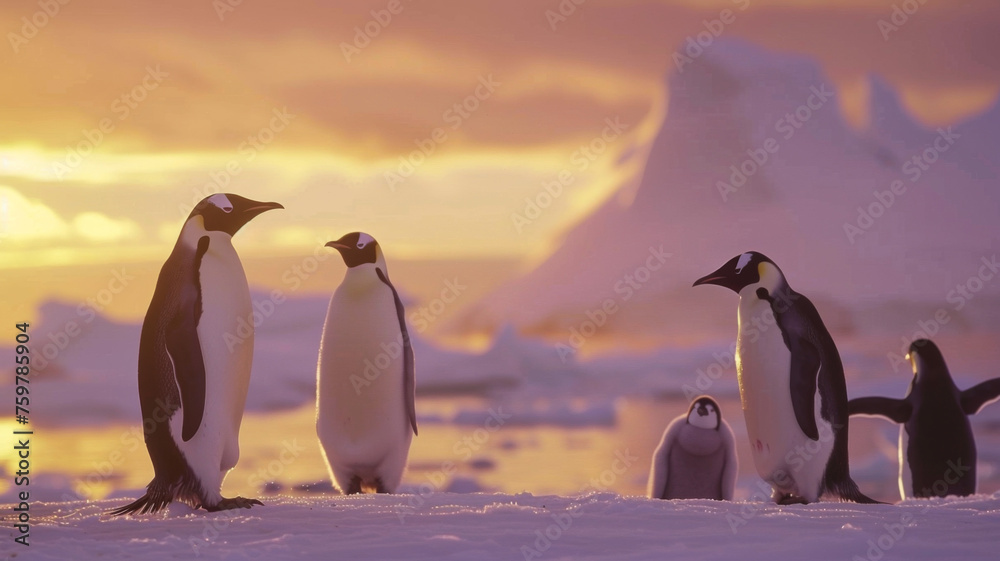 Obraz premium Glacier landscape at golden hour with penguins in the foreground.Perfect for wallpapers , backgrounds