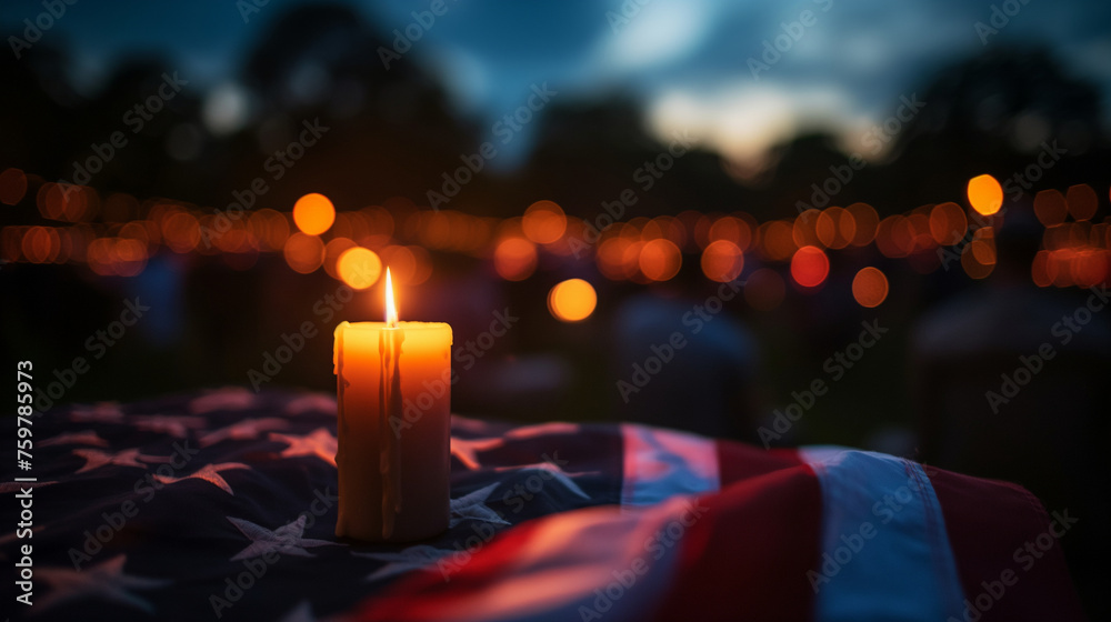 A solemn candlelight vigil held by veterans at dusk, remembering those who didn’t come home, Memorial Day, with copy space - obrazy, fototapety, plakaty 