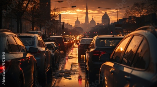 Cars are stuck in a huge traffic jam in the evening twilight of the city. The theme of environmental pollution and excess transport.