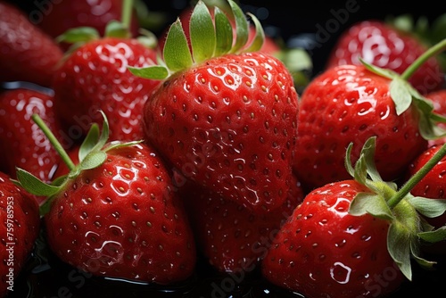 Juicy appetizing red strawberry. The theme of a successful harvest and proper nutrition. Source of vitamins and microelements.